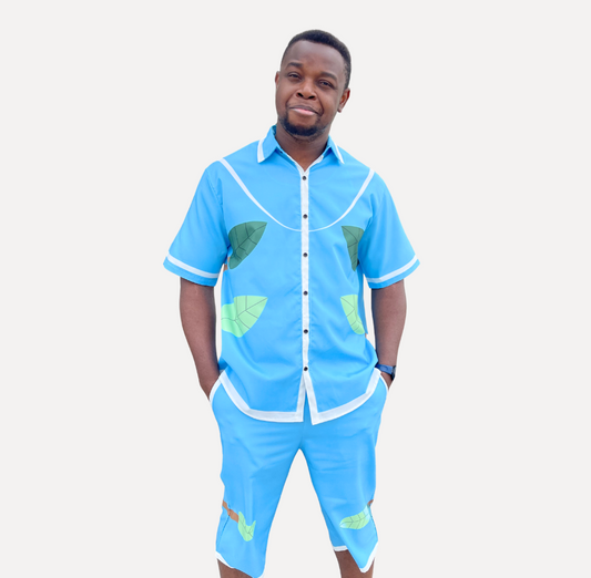 OpenlyBold Men's Short-Sleeve Shirt & Drawstring long Shorts: SKY-BLUE